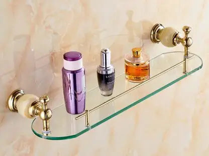DecorBites™ Brass Jade Bathroom Hardware Set: Corner Shelf, Paper Holder, Towel Bar, Soap Basket, Rack.