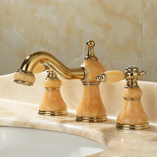 DecorBites™ Gold Brass Jade 3 Hole Widespread Basin Faucet with Double Handle