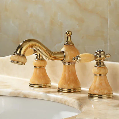 DecorBites™ Gold Brass Jade 3 Hole Widespread Basin Faucet with Double Handle