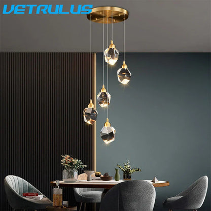 DecorBites™ Diamond Crystal LED Chandelier, Brass Ceiling Pendant Light for Dining Room