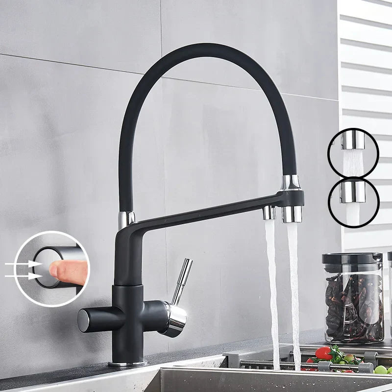 Decorbites™ Messing Küchen-Wasserfilterarmatur mit doppelter Auslauf, 360° drehbar, Trinkwasserfilter-Mischer