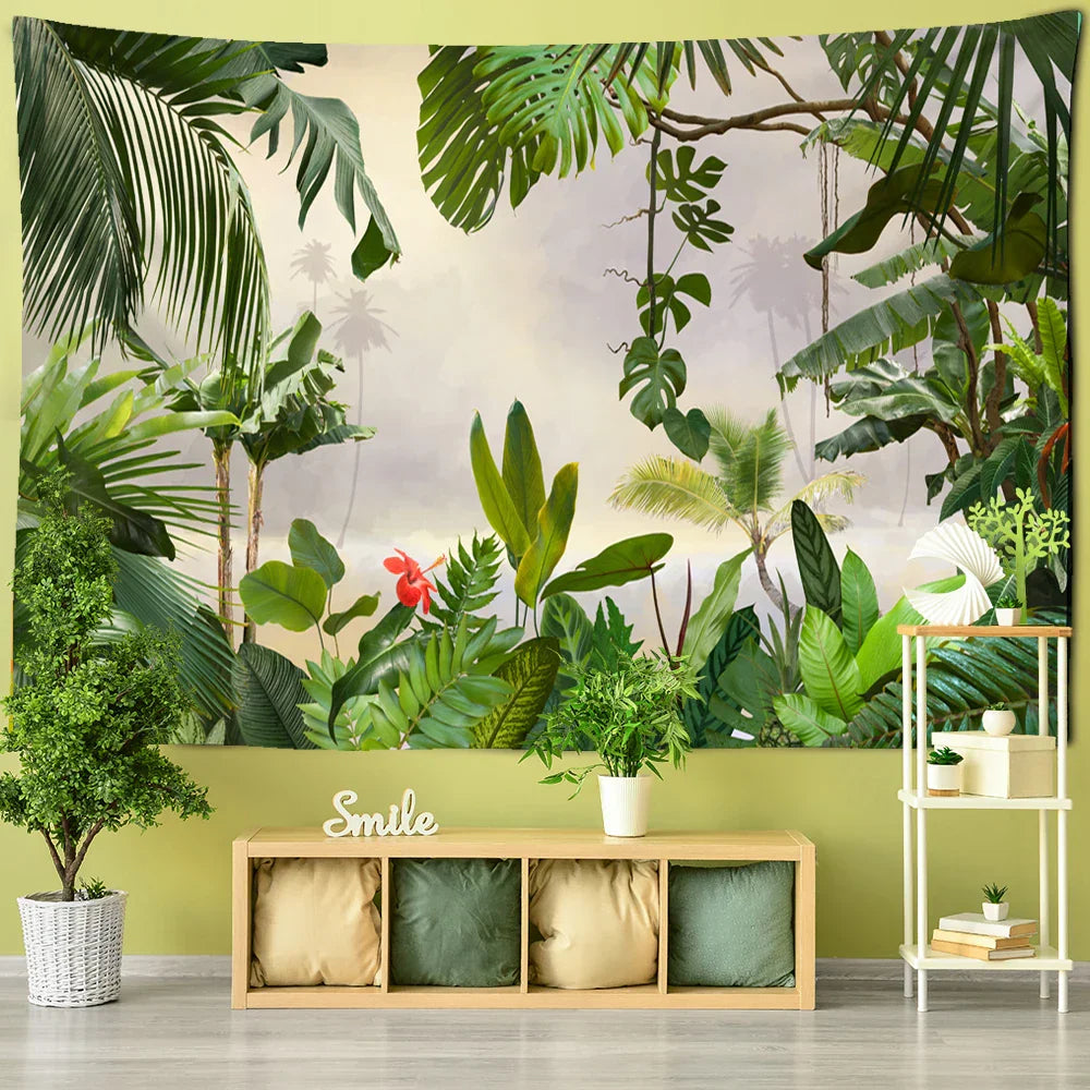 Tapiz DecorBites™ de hojas de palma verdes con diseño botánico | Adorno de pared con plantas de la selva tropical