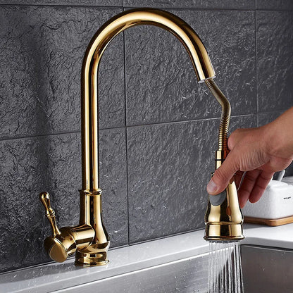 DecorBites™ Gold Kitchen Faucet Pull Out Swivel Water Mixer Tap Single Handle Sink