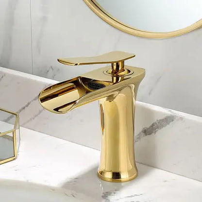 DecorBites™ Gold Waterfall Bathroom Basin Faucet Mixer Tap Hot Cold White Sink
