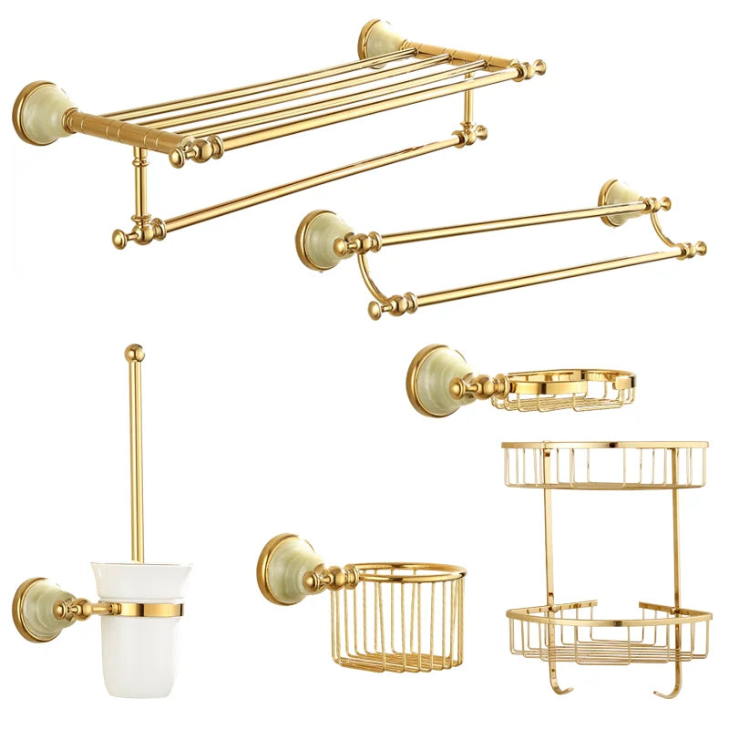 DecorBites™ Gold Bathroom Accessories Set: Shelf, Towel Rack, Holder, Brush Holder, Bath Hardware