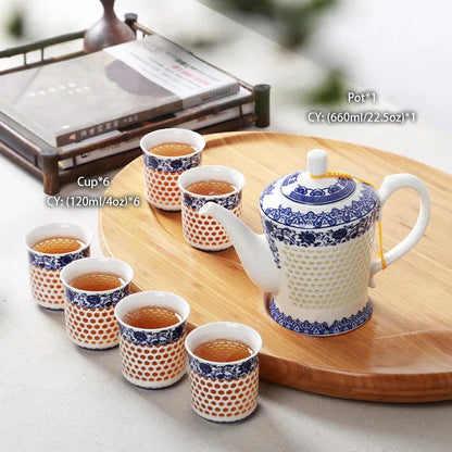 DecorBites™ Blue White Porcelain Tea Set Kungfu Teaware Green Puer Tea Cup Pot Teatime Set