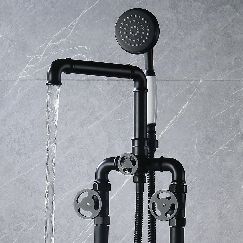 DecorBites™ Industrial Black Floor Standing Dual Handle Bathroom Shower Faucet