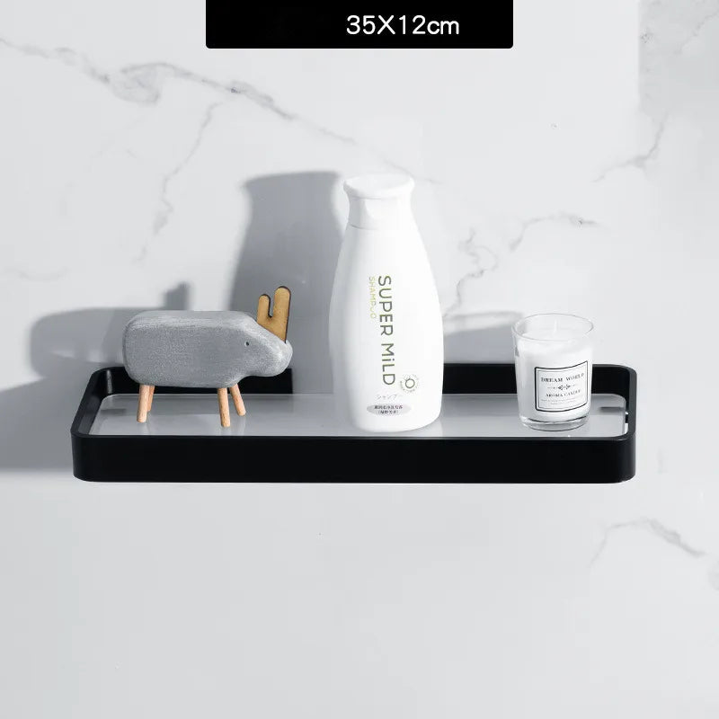 رف زاوية حمام زجاجي أسود من DecorBites™، رف مستحضرات تجميل من الألومنيوم لغرفة الاستحمام