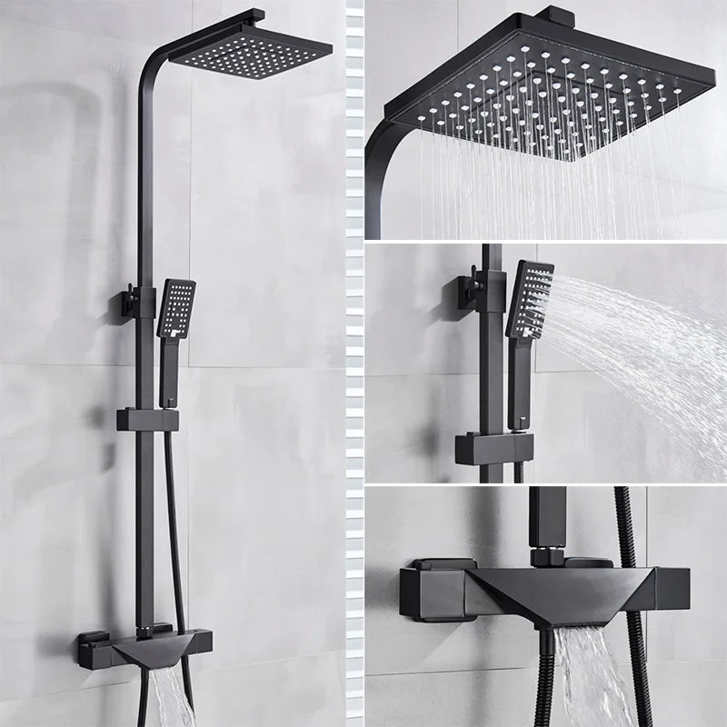 DecorBites™ Black Thermostatic Shower Faucet Rain Head System for Wall Mount Installation