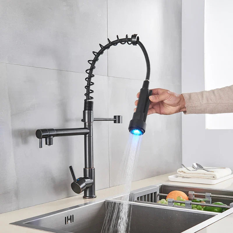 DecorBites™ LED Spring Kitchen Faucet: Dual Swivel Spout, Pull Down, Hot Cold Mixer Tap