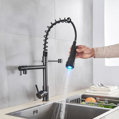 DecorBites™ LED Spring Kitchen Faucet: Dual Swivel Spout, Pull Down, Hot Cold Mixer Tap