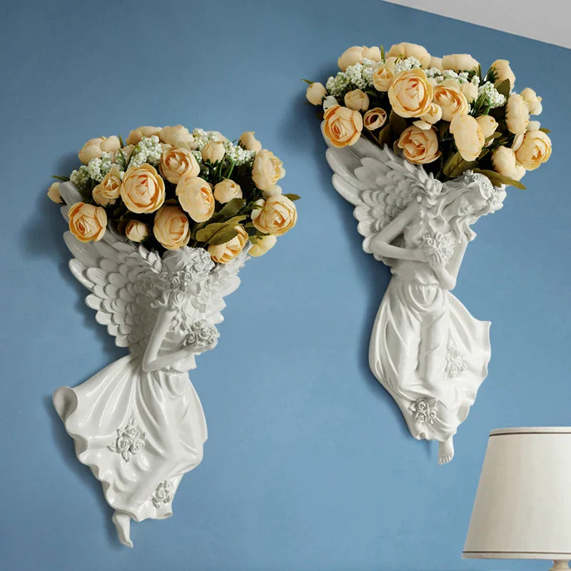 ديكور الحائط DecorBites™ مزهرية ملاك، رف من الراتنج، جدارية فنية لغرفة المعيشة، وعاء زهور كيوبيد