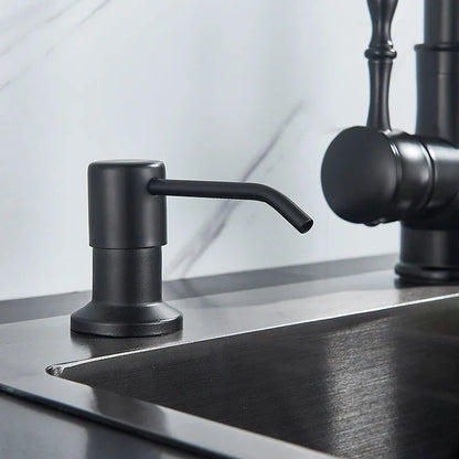 Dispensador de jabón de cocina DecorBites™ de 220 ml, negro, con cabezal de acero inoxidable y botella para detergente líquido en 3 colores.