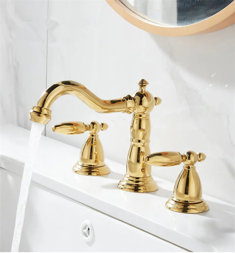 DecorBites™ Gold Brass Widespread Bathroom Faucet - Antique Sink Faucets 3 Hole