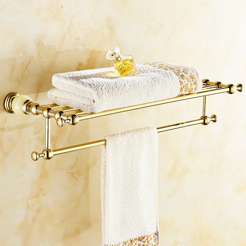 DecorBites™ Brass Jade Bathroom Hardware Set: Corner Shelf, Paper Holder, Towel Bar, Soap Basket, Rack.