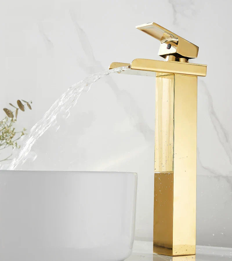 DecorBites™ Gold Waterfall Basin Faucet, Deck Mounted Mixer Tap for Bathroom Sink