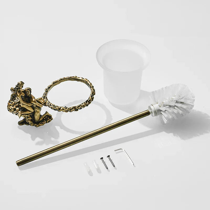 DecorBites™ Gold/Silver Romantic Toilet Brush Holder Set with Glass Cup & Brass Handle