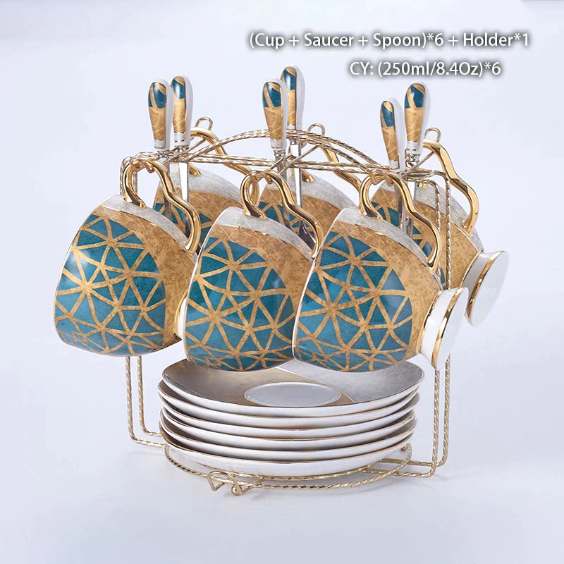 DecorBites™ Luxe Gold Inlay Bone China Coffee Set: Teapot, Cup, Sugar Bowl, Creamer, Mug