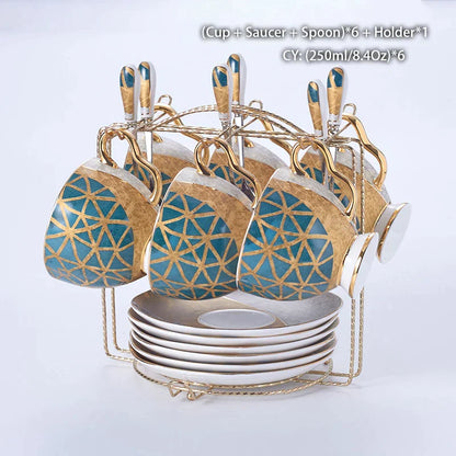 DecorBites™ Luxe Gold Inlay Bone China Coffee Set: Teapot, Cup, Sugar Bowl, Creamer, Mug