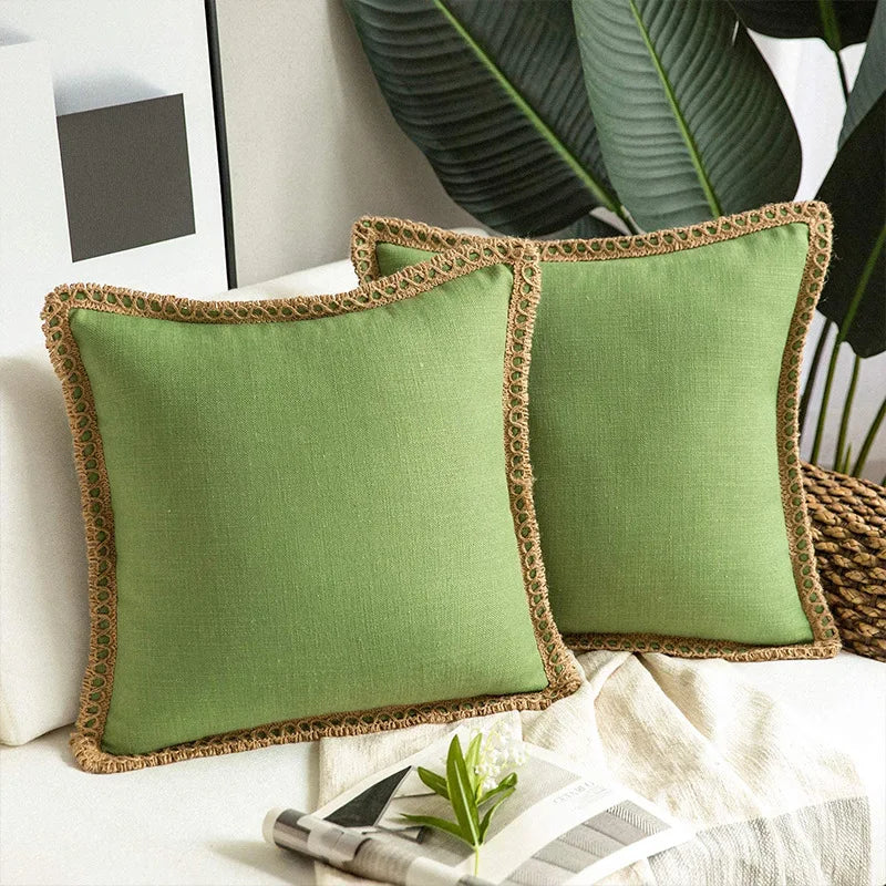 Decorbites™ Funda de Almohada Abrazable en Forma de Hoja de Loto con Bordes de Cuerda de Cáñamo - Mediana en Algodón Lino