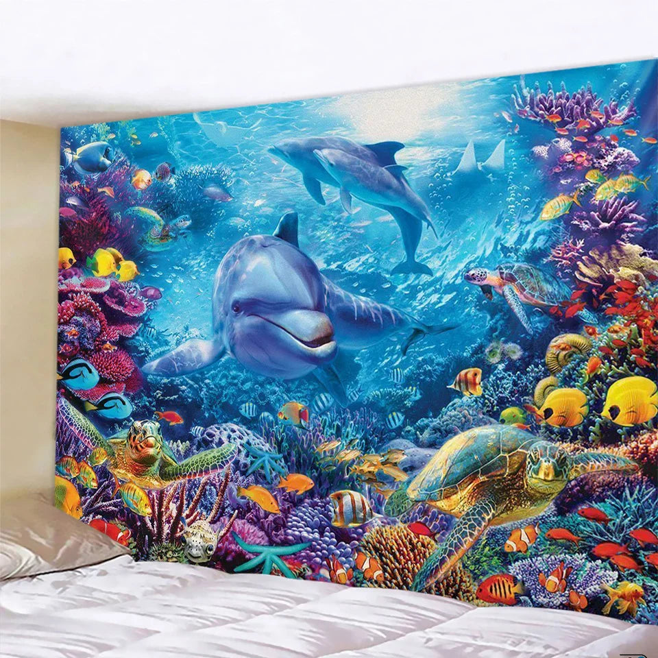 ديكور بايتس™ بساط يوغا ماندالا ثلاثي الأبعاد لعالم ما تحت الماء، ديكور منزلي، نسيج أريكة هيبي، بطانية