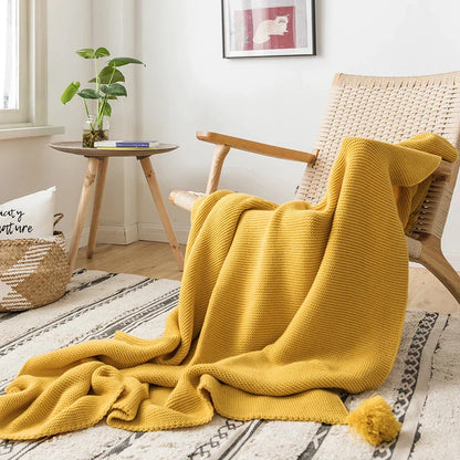 DecorBites™ Knit PomPom Tassel Throw Blanket - Soft Yellow Blanket 50"x62"