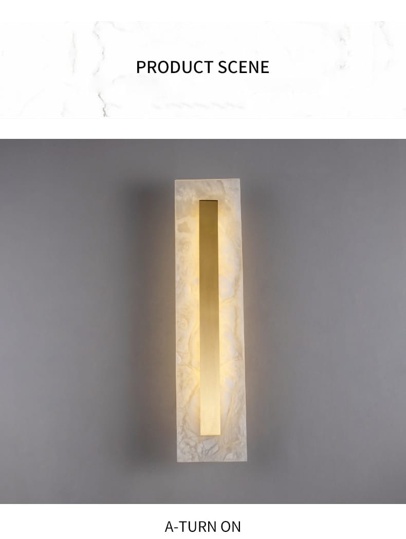 Modern rectangular wall lamp featuring a warm golden light strip set within a polished white copper marble wall frame, ideal as a marble wall lamp for living room use.