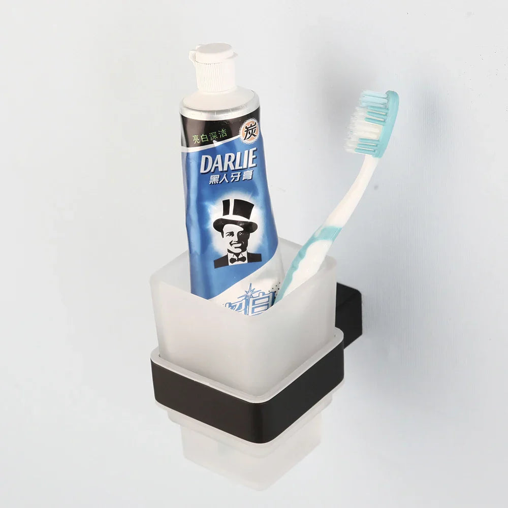 DecorBites™ Black Matte Stainless Steel Bathroom Hardware Set: Paper Holder, Toothbrush Holder, Towel Bar & Accessories