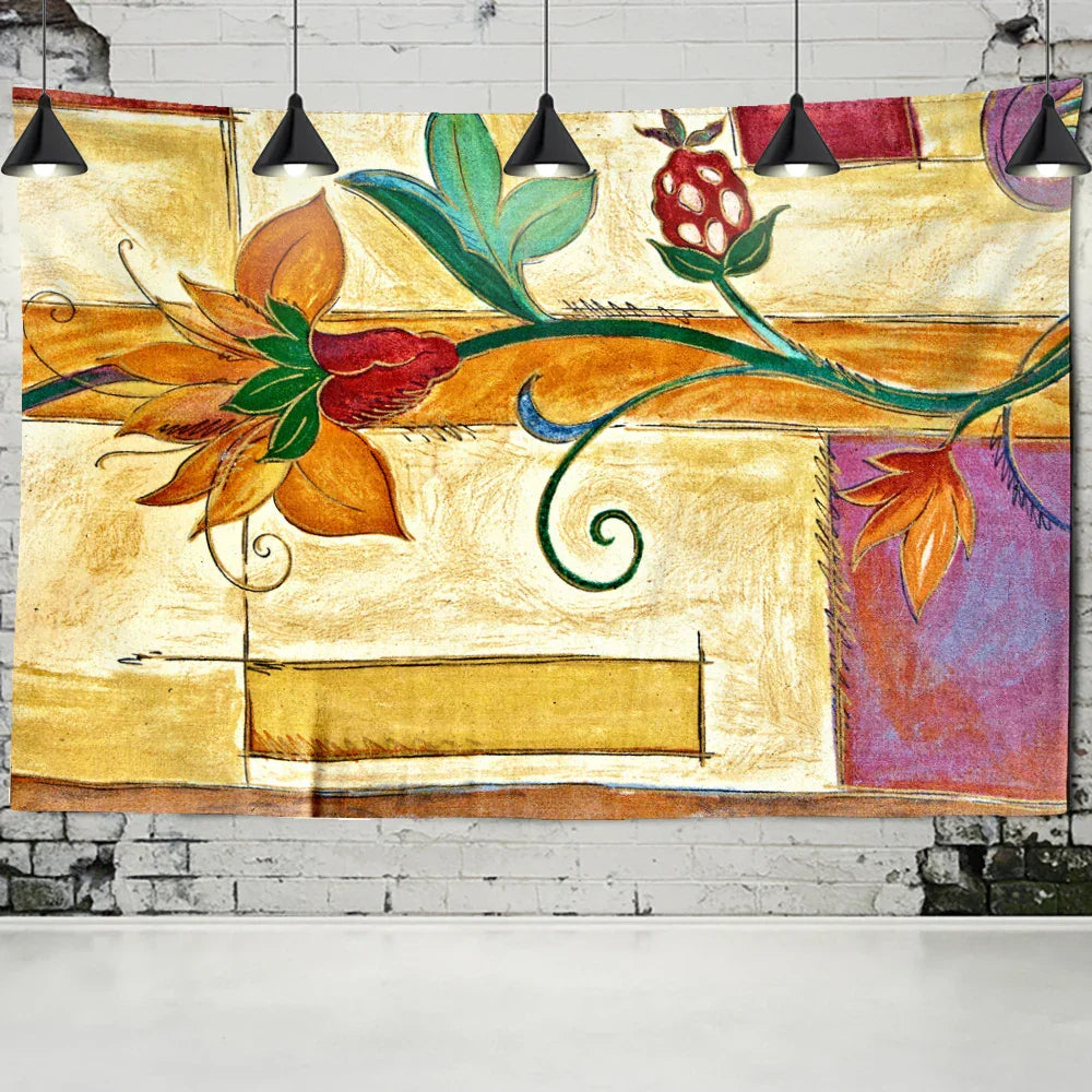 Yellow Flowers Ink Tapestry Wall Mount Bohemian Style by Decobites - Mandala Witchcraft Decor