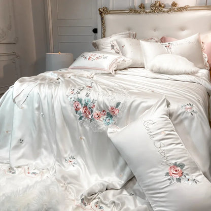 Decobites White Flower Embroidery Lyocell Bedding Set, Queen/King Duvet, Sheet, Pillowcases