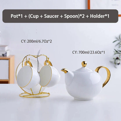 DecorBites™ Elegant Bone China Tea Set | Porcelain Teacup & Teapot Set White Gold