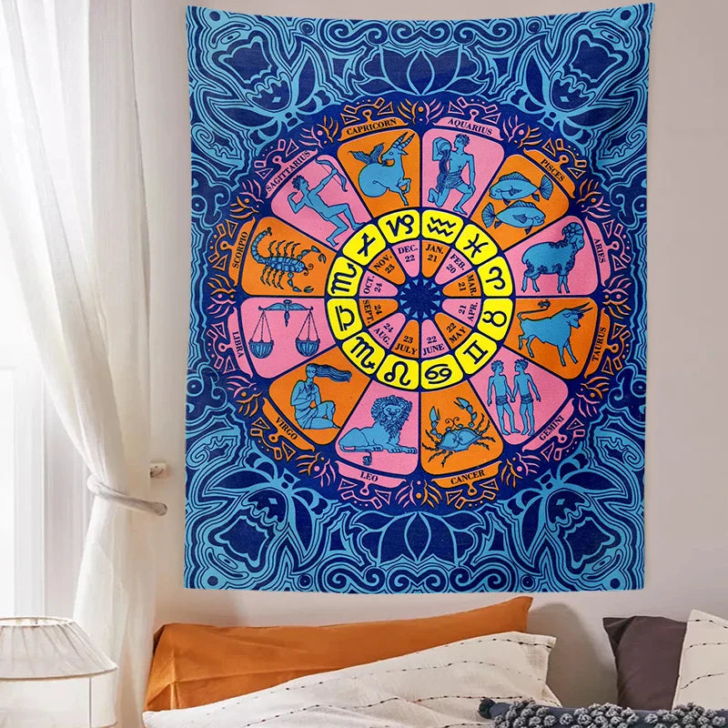 Decobites Zodiac Wheel Tarot Tapestry: Hippie Boho Wall Art for Astrology & Witchcraft