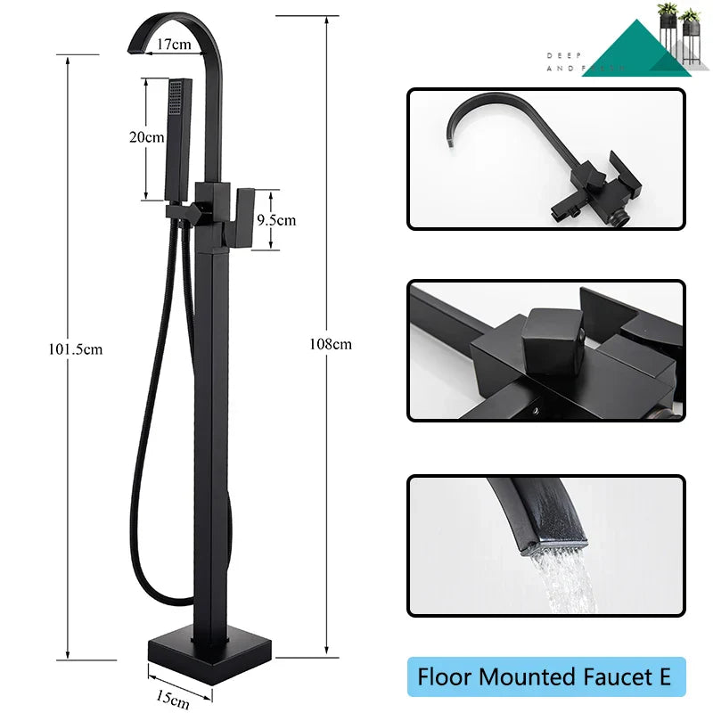 DecorBites™ Matte Black Waterfall Bathtub Shower Faucet, Floor Standing Hot Cold Mixer Tap