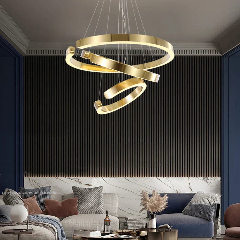 DecorBites™ LED Chandelier: Round Rings Pattern, Gold, Modern Design for Living, Dining, Bedroom, Kitchen.