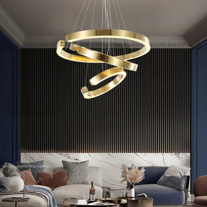 DecorBites™ LED Chandelier: Round Rings Pattern, Gold, Modern Design for Living, Dining, Bedroom, Kitchen.