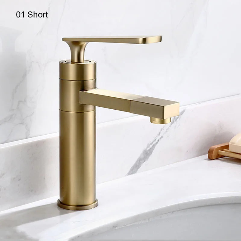 Grifo de Lavabo de Latón Dorado Decorbites™ para Baño de Montaje en Cubierta con Mango Único en Oro Cepillado