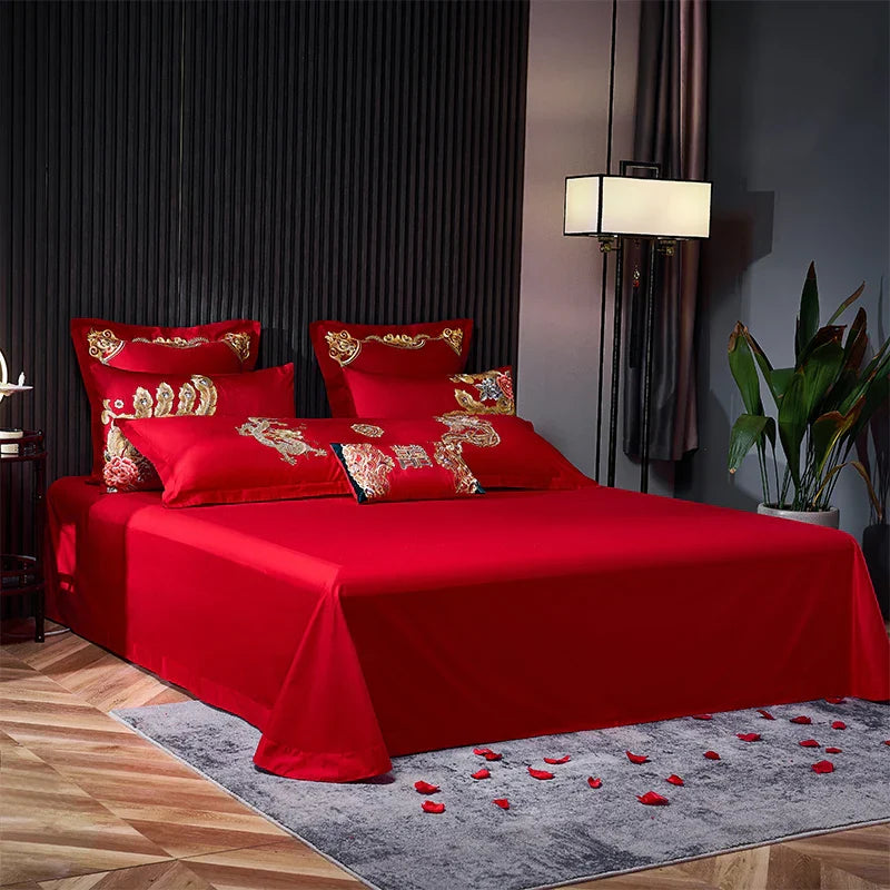 Decobites Red Chinese Wedding Style Bedding Set with Gold Loong Phoenix Embroidery