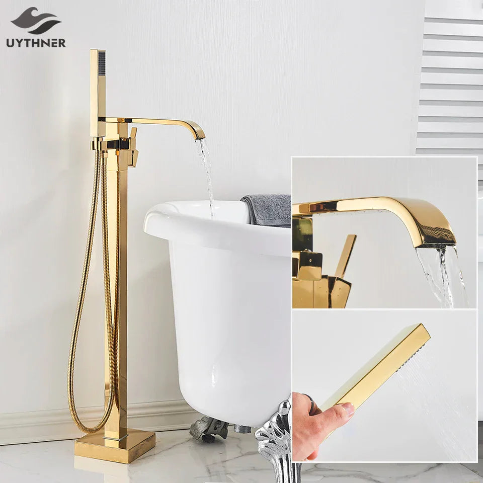 DecorBites™ Gold Bathtub Faucet Set Hot Cold Water Shower Mixer Tap Waterfall Floor Stand