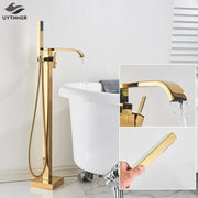 Juego de Grifos para Bañera de Oro Decorbites™ Mezclador de Ducha de Agua Caliente y Fría Grifo de Cascada Soporte de Suelo