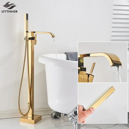 DecorBites™ Gold Bathtub Faucet Set Hot Cold Water Shower Mixer Tap Waterfall Floor Stand