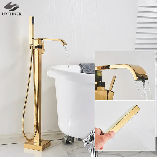 DecorBites™ Gold Bathtub Faucet Set Hot Cold Water Shower Mixer Tap Waterfall Floor Stand