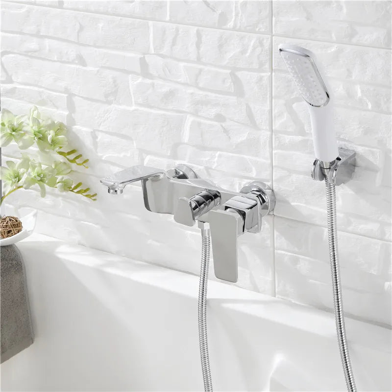 Decorbites™ Grifo de Bañera Montado en la Pared Dorado y Blanco, Mezclador de Ducha y Baño de Latón