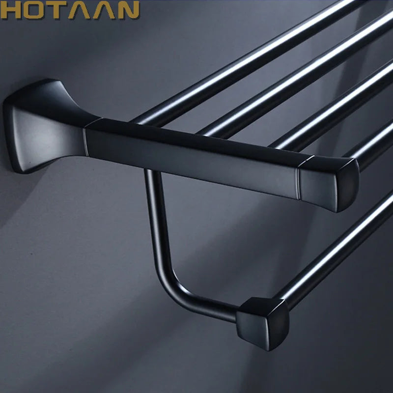 DecorBites™ Black Aluminum Towel Rack with Hook, Wall-mounted Bathroom Towel Holder and Shelf