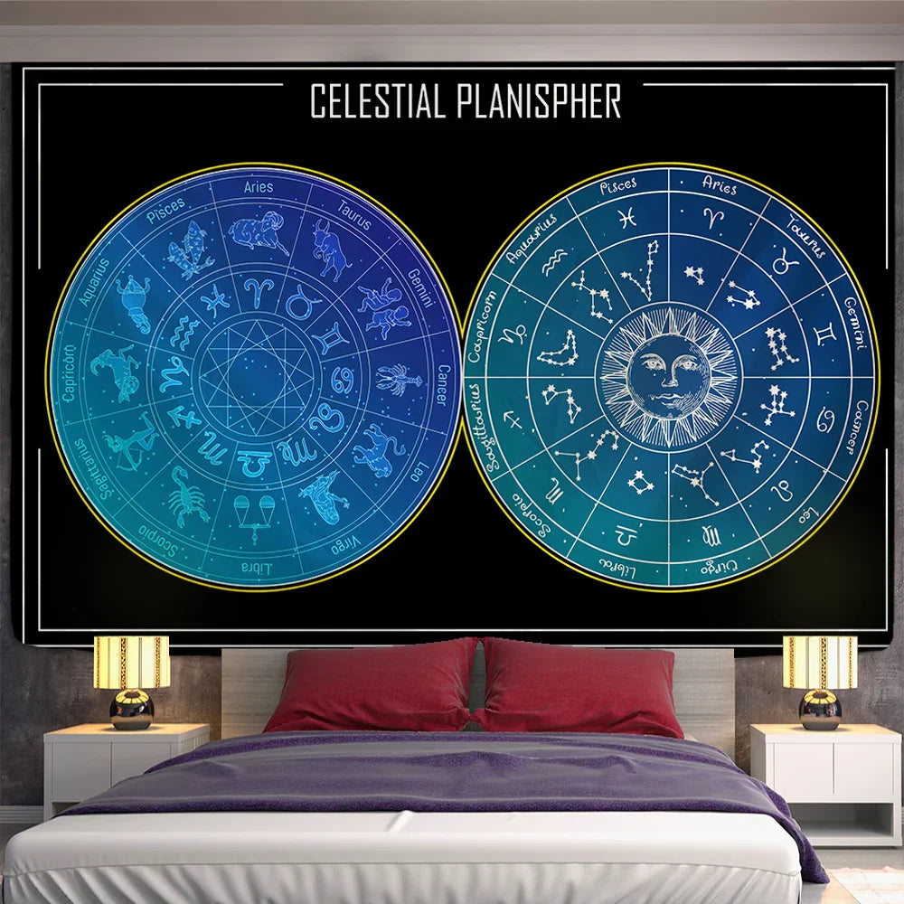 Decobites Sun Constellation Compass Mandala Tapestry - Celestial Hippie Wall Hanging