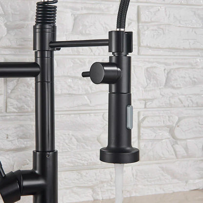 DecorBites™ Dual Spout Kitchen Sink Faucet - Matte Black Finish, Deck Mount Spring Mixer