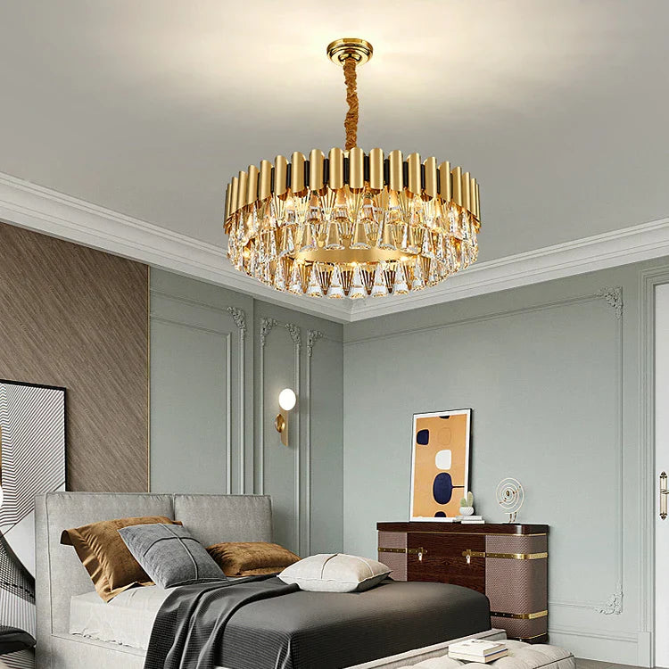 DecorBites™ Golden Stainless Steel Crystal Chandelier | LED Round Oval Lustre Fixture