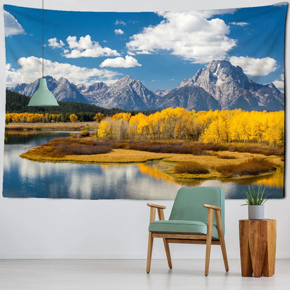 Mountain Lake Scenery Tapestry by Decobites - Golden Forest Wall Hanging for Home Decor