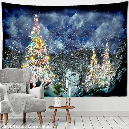 Decobites Christmas Tree Snowman Tapestry - Natural Snow Scene Oil Painting Hippie Decor