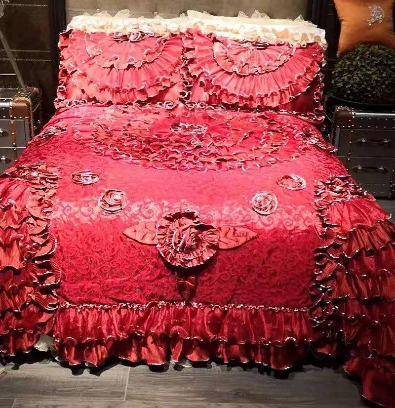 Decobites Jacquard Rose Lace Bedding Set, Luxurious European Style, Red & Champagne