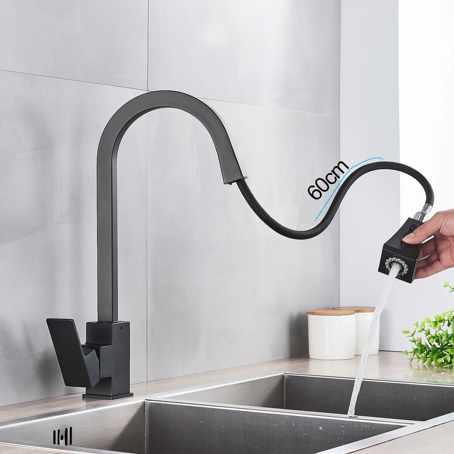 DecorBites™ Black Kitchen Faucet Pull Out Mixer Square Single Handle Deck Mounted Tap